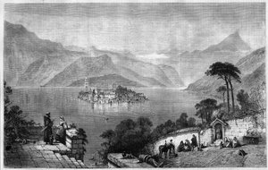 Der Ortasee (Lago Cusio) mit der Insel San Giulio in der Provinz Novara, Italien. Gravur von 1865