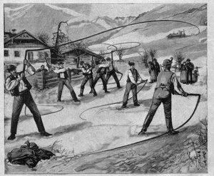 Die Peitschenknaller des Salzkammerguts - Salzkammergut: An mehreren Sonntagen nach Neujahr knallen die jungen Männer von Salzburg (Österreich) mit Peitschen, um die Natur aus ihrem Winterschlaf zu wecken - Gravur 1897 von Unknown artist