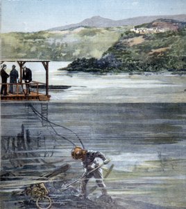 Der Taucher Paolo Pardi arbeitet an den römischen Booten im Nemisee mit dem Siebe-Tauchanzug im Jahr 1893 von Unknown artist