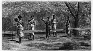 Das Weben in Indien: Vorbereitung der Kettfäden (Vorgang des Schärens). Gravur von 1883. In „La Nature. Revue der Wissenschaften und ihrer Anwendungen in Kunst und Industrie.“ von Unknown artist