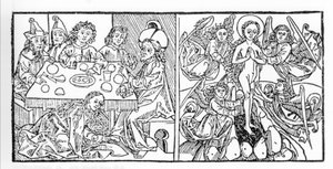 Links: Die heilige Maria Magdalena trocknet Jesu Füße mit ihrem Haar. Rechts: Die heilige Maria Magdalena steigt in den Himmel auf. Manuskript von 1488, gedruckt in Nürnberg. Gravur aus „Leben der Heiligen - sommerteil“ (Das Buch der Heiligen) von Jacobus 