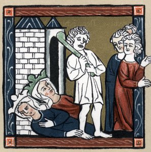 Artuslegende: Lancelot du Lac befreit Königin Guinevere und ihre Freundin aus der Burg, die in Ohnmacht fallen und die Bewohner fliehen. In „Geschichte der Französischen Literatur“ von Hermann Suchier.