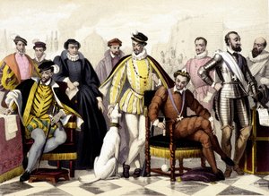 Les Valois - Von 1547 bis 1589. Heinrich II., Katharina von Medici (Caterina de Medici), Karl IX., Heinrich III., Heinrich IV. Gravur des 19. Jahrhunderts.