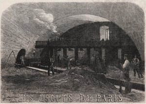 Die Abwasserkanäle von Paris: die große Kammer und die Schmiedewerkstätten Pont Notre Dame - Gravur in „Le Monde Illustré“ von Unknown artist