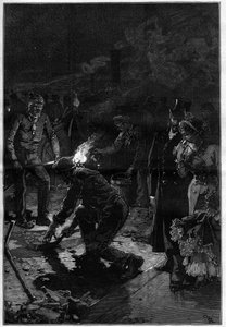 Die Arbeiter verlegen Asphalt in der Nähe des Théâtre-Français (Comédie-Française) in den Straßen von Paris und führen die Arbeiten nachts durch. Gravur in "Le Monde Illustré"