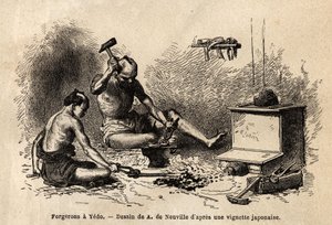 Schmiede vor ihrer Schmiede in Yedo (oder Edo, kaiserliche Hauptstadt, heutiges Tokio). Gravur zur Illustration der Reise nach Japan in den Jahren 1863-1864 von Aime Humbert, Minister der Schweizerischen Eidgenossenschaft, in „Le tour du monde, nouveau jou