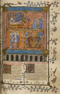 Das Leben von Julius Caesar: vier Miniaturen, die seine Geburt, Scheidung, Pontifikat und Kampf mit Pompeius zeigen; Text mit verzierten Initialen und Rand mit Vögeln und Grotesken