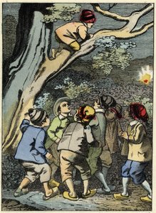 Der kleine Däumling klettert auf einen Baum und sucht seinen Weg. Er sammelt ein Licht im Wald. Illustration des Märchens „Der kleine Däumling“ von Charles Perrault.