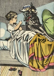 Rotkäppchen fragt den Wolf: „Großmutter, warum hast du so große Zähne?“ Illustration des Märchens „Rotkäppchen“ von Charles Perrault.