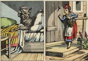 Rotkäppchen klopft an die Tür ihrer Großmutter. Illustration aus dem Märchen „Rotkäppchen“ von Charles Perrault