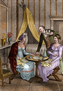 Kleines Abendessen. Olympe de Gouges (1748-1793), französische Schriftstellerin und Revolutionärin, mit Céline, einer ihrer Freundinnen. In „Ratschläge an meine Tochter“ von Jean Nicolas Bouilly (1763-1842). 1820. Private Sammlung.