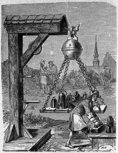Beladung der aufgehängten Magdeburger Halbkugeln. Gravur aus „Ottonis de Guericke: Experimenta Nova Magdeburgica de vacuo spatio“ von Otto von Guericke