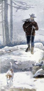 Einsamer Jäger mit Hund in einer verschneiten Landschaft, spätes 19. Jahrhundert