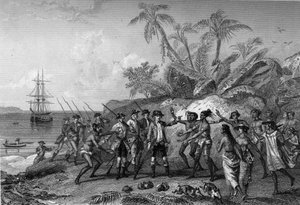 Louis Antoine Comte de Bougainville, französischer Seefahrer (1729-1811), nähert sich den Inseln der Marquesas in Tahiti, 6. April.