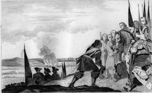 Ludwig XV. (1710-1774) in der Schlacht von Fontenoy 1745 - Österreichischer Erbfolgekrieg (1740-1748) - Maurice von Sachsen, Marschall von Sachsen (1696-1750), siegreich in der Schlacht von Fontenoy, trifft den König von Frankreich, Ludwig XV. (1710-1774)  von Unknown artist