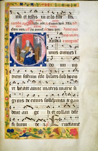 MS.McC.57. f.48r St. Anna thronend, lesend, die Jungfrau mit Kind vor ihr sitzend, Initiale aus einem Antiphon, spätes 15. Jahrhundert von Unknown artist
