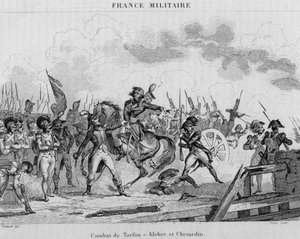 Mainzer Truppen unter der Führung von General Kléber und Oberst Shevardin während der Schlacht von Torfou in der Vendée