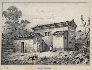 Griechisches Haus - Gravur von 1889 in „Geschichte der menschlichen Behausung auf der Weltausstellung von 1889, von Herrn Charles Garnier - Zentralbibliothek der Schönen Künste Paris 1889