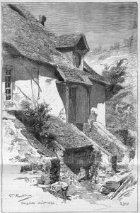 Haus von George Sand (Aurore Dupin, Baronne Dudevant) (1804-1876), französische Schriftstellerin, in Gargilesse (Indre) an den Ufern der Creuse in Frankreich. Gravur in „Le Monde Illustré“
