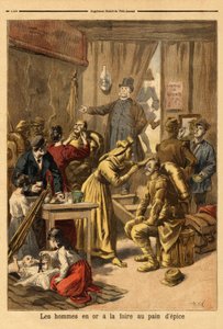 Schminken von Schauspielern eines lebenden Gemäldes „Männer in Gold“ für die Lebkuchenmesse. Gravur in „Le petit journal“ 16/04/1894. Selva Sammlung.