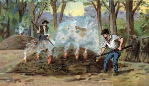 Holzkohleherstellung, Verbrennungsofen. Chromolithographie aus dem späten 19. Jahrhundert. von Unknown artist