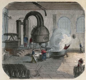 Zuckerherstellung in einer Fabrik. Illustration des 19. Jahrhunderts. Bianchetti-Sammlung
