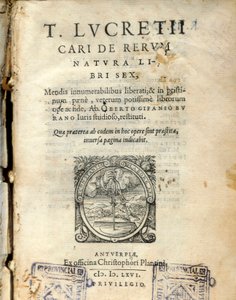 Manuskriptseite aus Band 6 von „De natura rerum“ (Über die Natur) des lateinischen Philosophen Lukrez (Titus Lucretius Carus) (98-55 v. Chr.) 1564