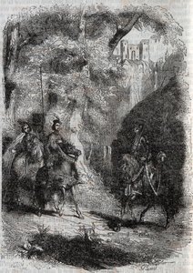 Marphise und die alte Frau treffen Pinabel - Gravur von 1851 aus „Roland furieux“ (Orlando furioso) (16. Jahrhundert) von Ludovico Ariosto, bekannt als der Ariosta - Ausgabe übersetzt aus dem Italienischen von Graf von Tressan und veröffentlicht von Gustav von Unknown artist
