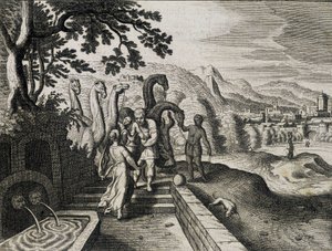 Hochzeit von Isaak und Rebekka. Gravur aus einer Bibel des 17. Jahrhunderts