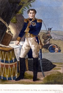 Marschall Laurent Marquis de Gouvion Saint Cyr (1764 bis 1830) in der Schlacht von Dresden 1813. Stich aus dem 19. Jahrhundert