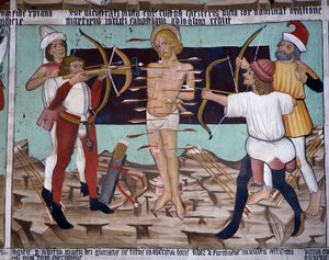 Martyrium des heiligen Sebastian, Leben des heiligen Sebastian (15. Jahrhundert), Fresken, Kapelle des heiligen Sebastian, Villard-de-Lans, Rhone-Alpes, Frankreich von Unknown artist