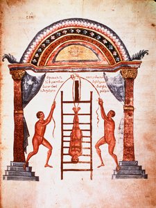 Medizin: Reduktion einer ausgerenkten Wirbelsäule, der Patient wird mit Gurten an eine Leiter gehängt (Manuskript) von Unknown artist