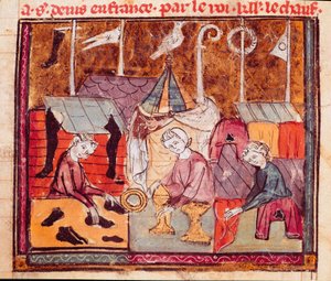 Händler (Schuhmacher, Goldschmied, Stoffhändler) auf der Lendit-Messe bei Saint Denis (Miniatur aus „Grandes Chroniques de France“) von Unknown artist
