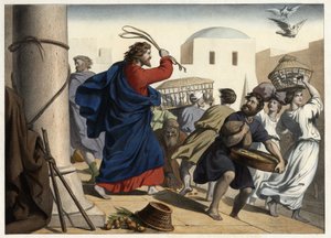 Händler aus dem Tempel vertrieben. Anonyme Gravur aus der Mitte des 19. Jahrhunderts.