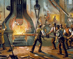 Metallurgie: Trommelhammer - Herstellung von Eisen. Chromolithographie 1890