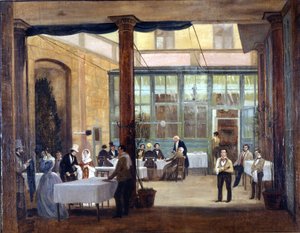 Mailand, Speisesaal des Hotels Rebecchino. 1830 Stendhal lebte allein und mittellos in diesem Hotel sowie in vielen anderen in Italien. Museo Milano, Mailand