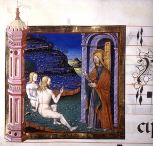Miniatur, die die Erschaffung von Adam und Eva durch Gott darstellt. Antiphonar. 15. Jahrhundert. Biblioteca von Lodi von Unknown artist