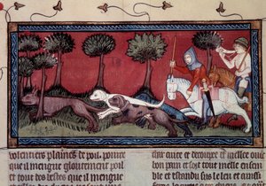 Miniatur-Fuchsjagd aus dem Manuskript fr. 1297 „Buch von König Modus und Königin Ratio“ von Henri de Ferrieres (14. Jahrhundert)
