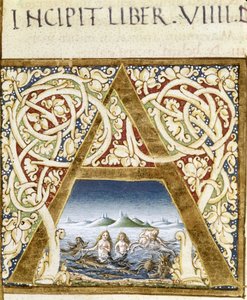Miniatur, die Sirenen darstellt. Lettrine „A“ - in „Naturalis Historiae“ von Plinius dem Älteren (23 - 79), ed. 1480. Victoria & Albert Library