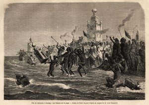 Moharum-Fest, gefeiert zu Beginn des Jahres von der islamischen Gemeinschaft Indiens, nach dem Bau von Taboons, goldenen Papiertempeln, die die Gräber der Imame nachahmen, und nach dem Durchzug durch die Straßen werden die Taboons ins Meer geworfen. Gravur