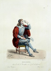 Molières Kostüm in der Rolle des Arnolphe im Stück „Die Schule der Frauen“ im Jahr 1670. Kostüm der französischen Komödie von Hippolyte Lecomte (1781-1857). Gravur des 19. Jahrhunderts. Sammlung Let