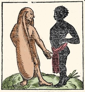 Monströse Kreaturen: zwei afrikanische Männer, einer von ihnen mit langen Ohren, um sich vor Sonne und Kälte zu schützen. Wenn eine Situation sie einschüchtert, ermöglichen ihnen ihre Ohren, wegzufliegen. Symbolisch ermöglichen sie ihnen, das Wort Gottes b