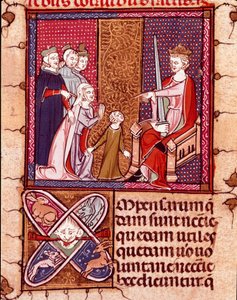 Mutter und Kind erscheinen vor einem König, Vertreter der Gerechtigkeit. Miniatur aus „Justiniani in Fortiatum“