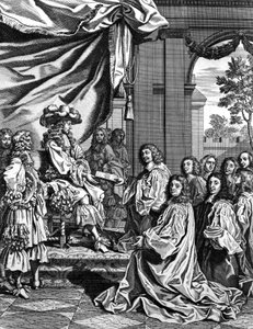 Städtische Magistrate präsentieren König Ludwig XIV. von Frankreich die Beschreibung seines Einzugs in Paris
