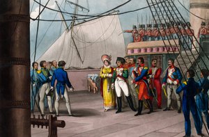 Napoleon vertraut auf den britischen Glauben - Napoleon Bonaparte an Bord der Bellerophon, dem britischen Schiff, das ihn ins Exil nach St. Helena brachte (St. Helena) am 15. Juli 1815 - Napoleon der Große, der sich der Großzügigkeit der britischen Nation 