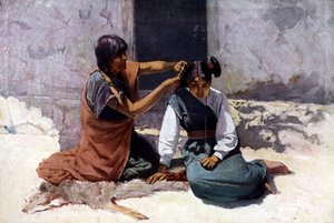 Indianische Mutter vom Hopi-Stamm, die das Haar ihrer Tochter zur Hochzeitsvorbereitung pflegt von Unknown artist