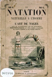 Natürliches Schwimmen mit Mann und die Kunst des Schwimmens, und Überlegungen zu Hydrotherapie-Behandlungen und der hygienischen Wirkung von kalten und heißen Bädern - Frontispiz, spätes 19. Jahrhundert