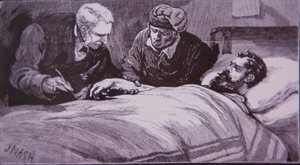 Ned Kelly liegt verwundet im Gefängniskrankenhaus in Melbourne, nachdem er am 28. Juni 1880 von der Polizei gefangen genommen wurde