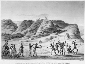 Neuholland, Bucht der Meereshunde, Peron-Halbinsel: Begegnung mit den Indianern (Begegnung zwischen Aborigines und Siedlern) - Gravur, Anfang 19. Jahrhundert