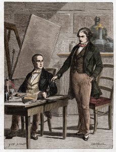 Niepce liest Louis Daguerre die Beschreibung der Heliografie vor, zur Fixierung von Bildern aus der Camera Obscura - Nicephore Niepce (1765-1833), französischer Erfinder, Pionier der Fotografie, liest Daguerre die Beschreibung seiner Methode zur Fixierung  von Unknown artist